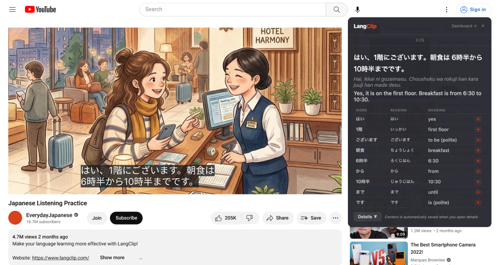 LangClip extension showing a translation and word-by-word breakdown next to a paused YouTube video