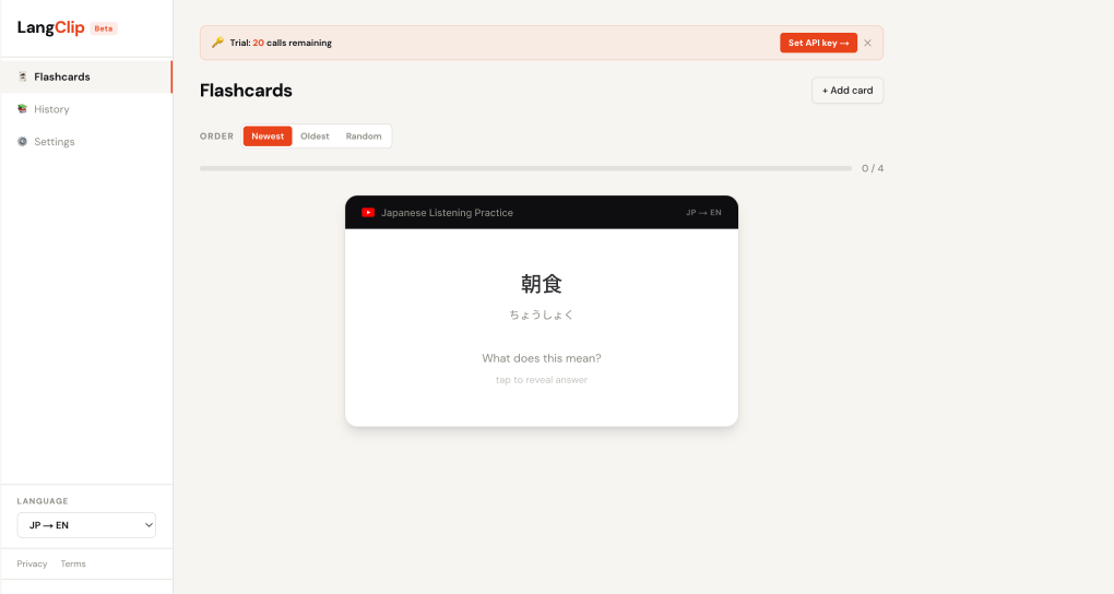 LangClip dashboard Flashcards screen showing a saved card for the word 朝食